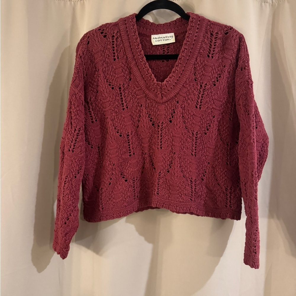 Absolutely Cotton Raspberry Open-Knit V-Neck Sweater